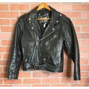 Vintage Diamond Leather Black Motorcycle Jacket Belted Waist Zipper Details Moto